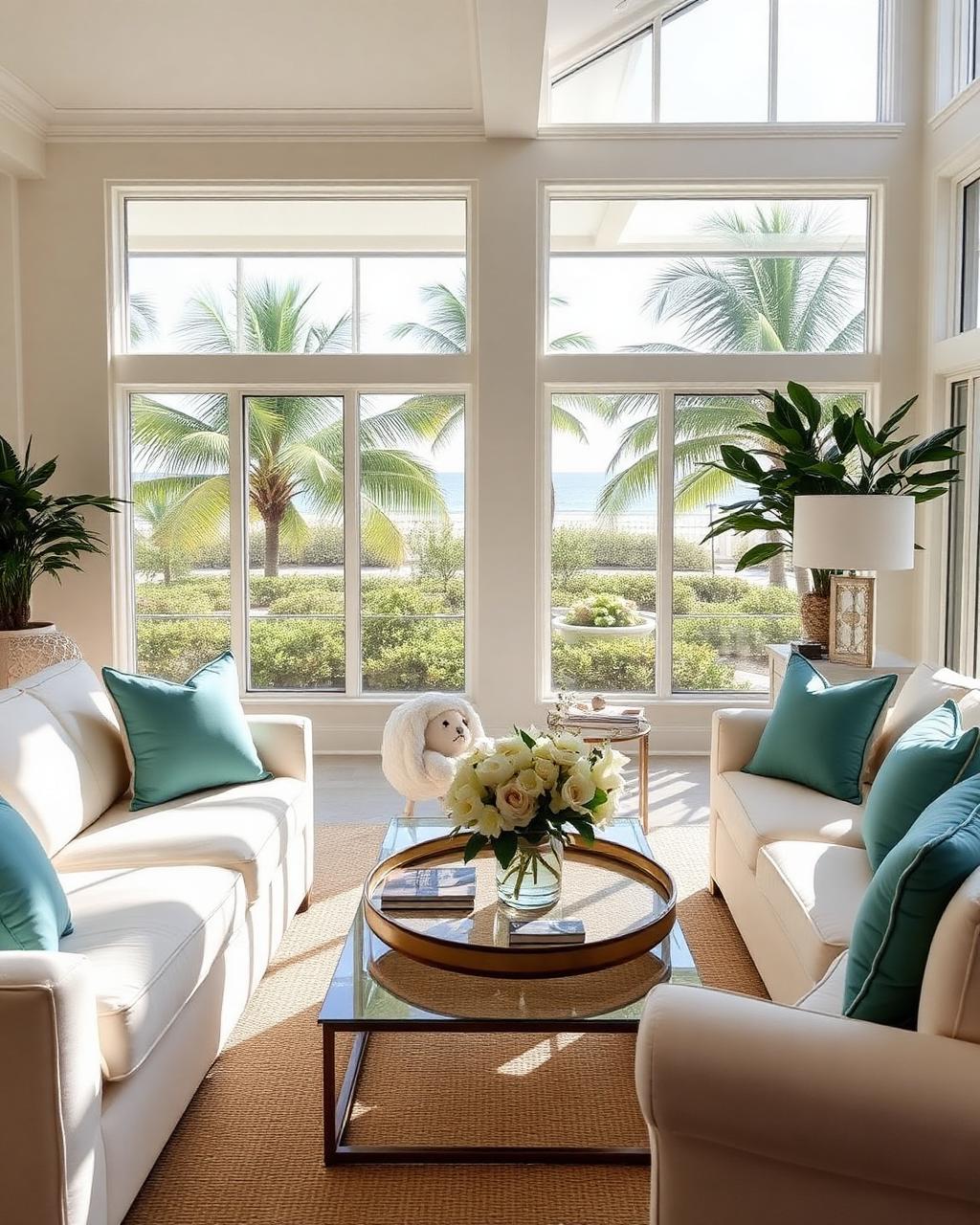 Bright, freshly cleaned Palm Beach living room with white sofas and teal pillows